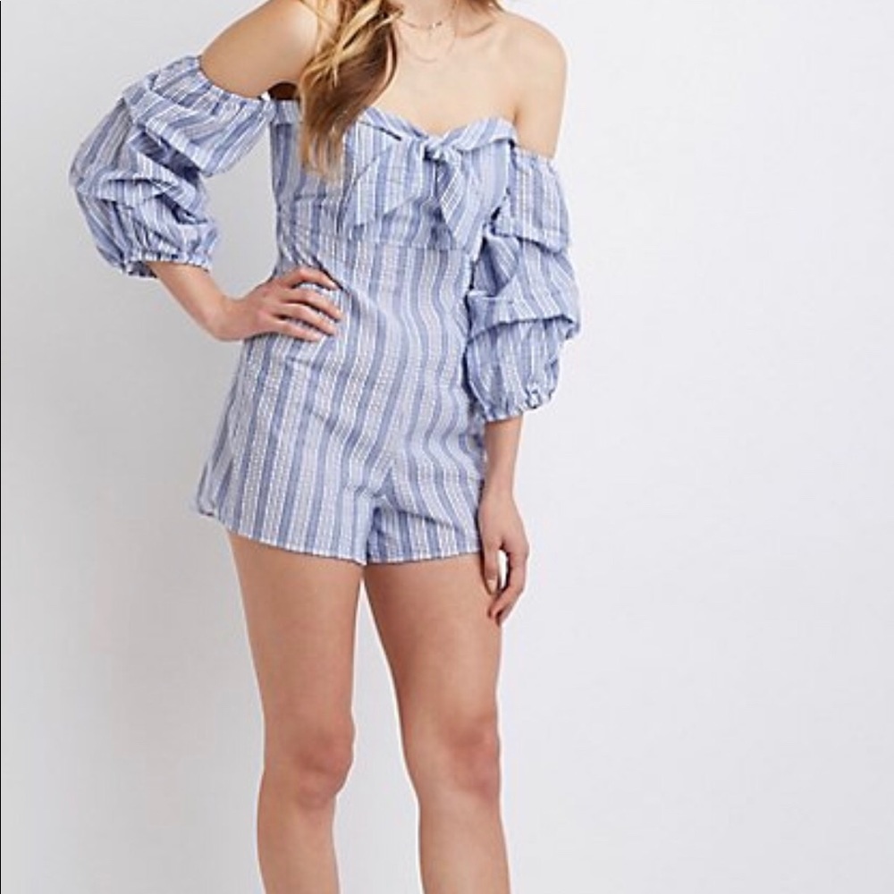 Pintuck Sleeve Off The Shoulder Romper